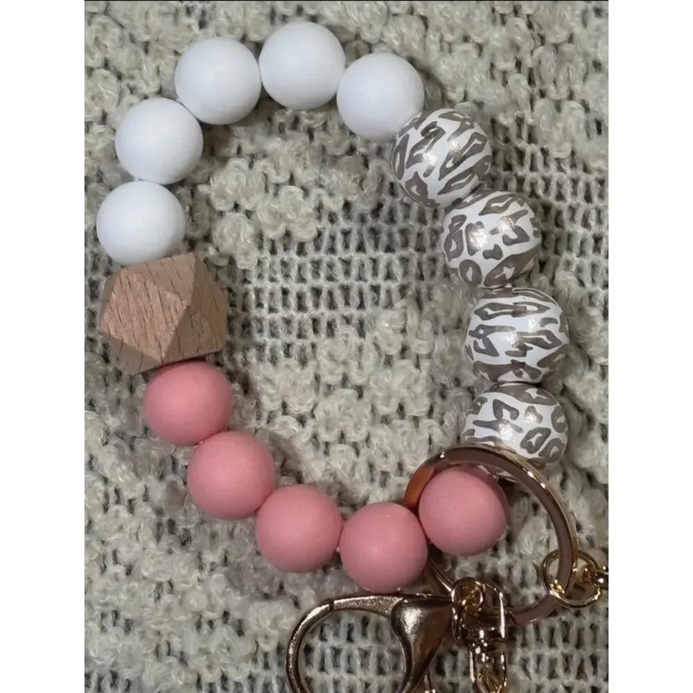 Mama Silicone Beaded Keychain Wristlet with Pink Tassel